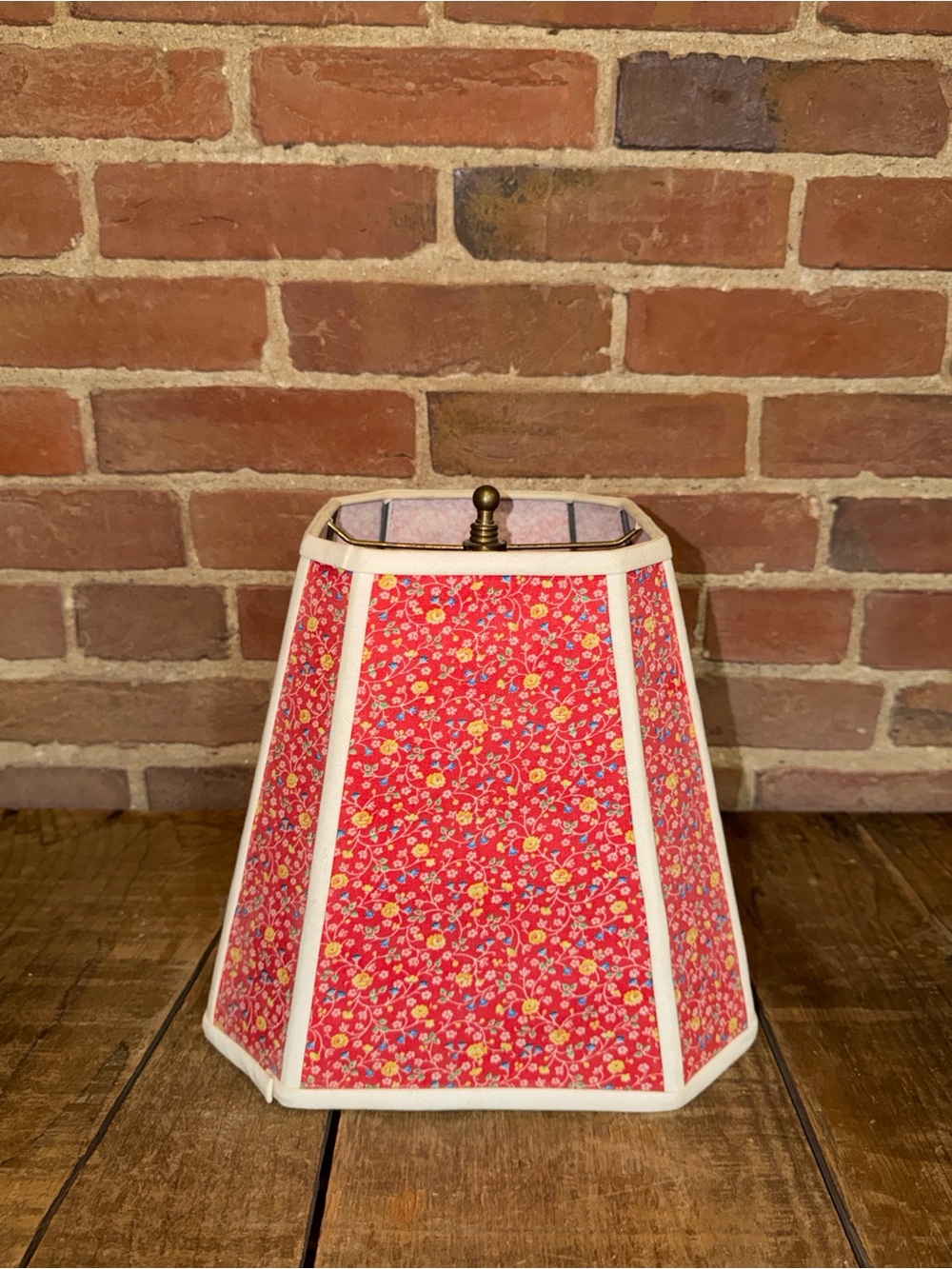 Vtg Red Calico Floral Hexagon Lamp Shade Country Primitive Cottagecore Brass